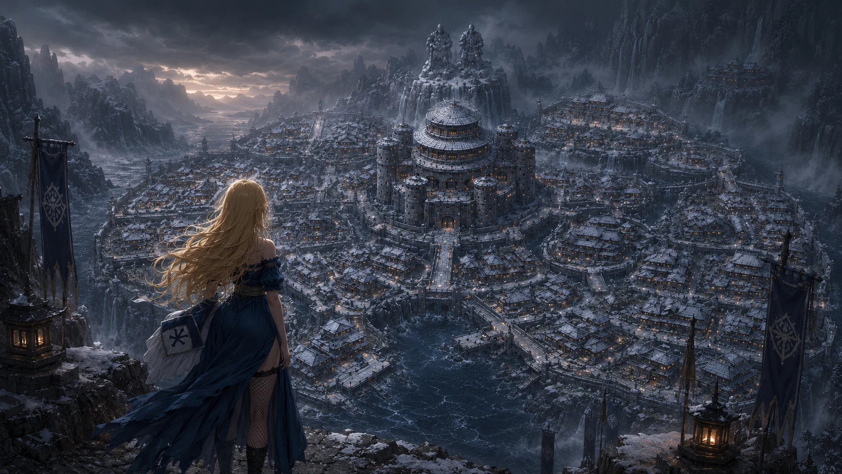 Mizukage observa uma cidade fortificada entre montanhas geladas